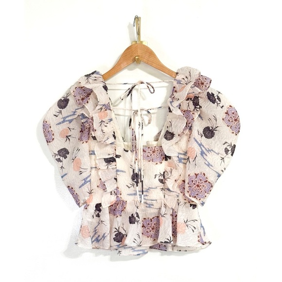 NWOT Ulla Johnson Puff-Sleeve Ruffle Peplum Silk-Blend Fannie Floral Top - Picture 6 of 7